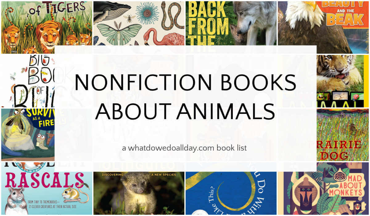 Grid of children's picture books with overlay, Nonfiction Books about Animals.