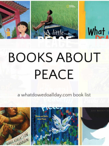 Collage of picture books, with text overlay "Books about Peace."