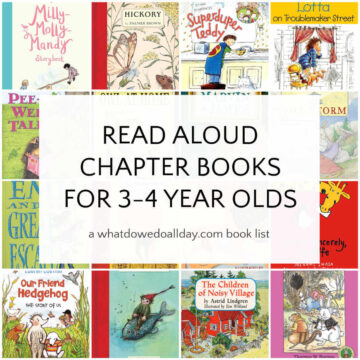Grid of children's book covers with text overlay, Read Aloud Chapter Books for 3-4 Year Olds.