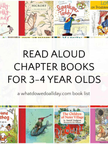 Grid of children's book covers with text overlay, Read Aloud Chapter Books for 3-4 Year Olds.