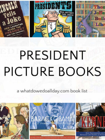 Collage of books with text overlay, President Picture Books.