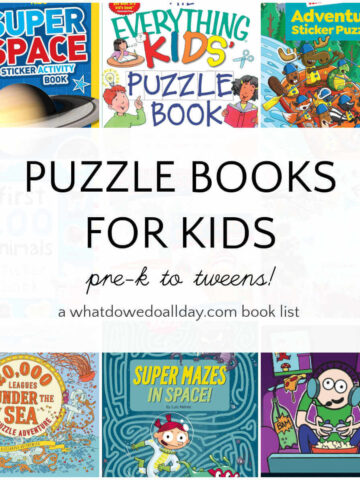Grid of children's books with text overlay, Puzzle Books for Kids.