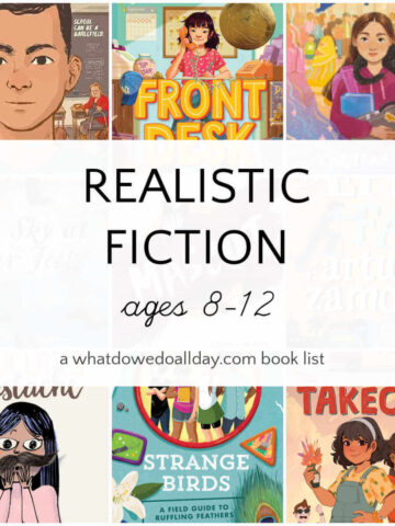 Grid of children's books with text overlay, Realistic Fiction ages 8-12.