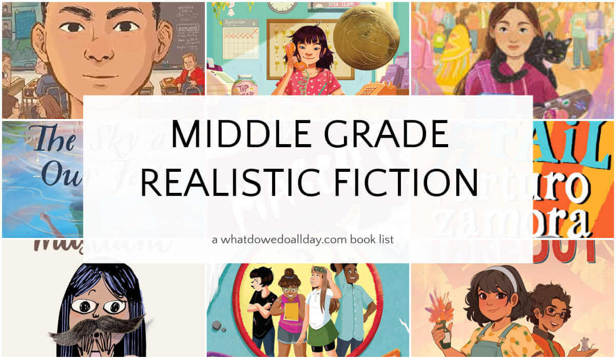 Grid of children's books with text overlay, Middle Grade Realistic Fiction.