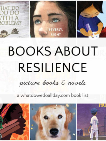 Collage of books with text overlay, Books about resilience picture books and novels