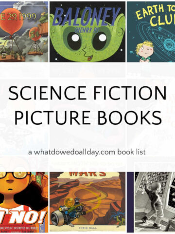 Grid of picture books with text overlay, Science Fiction Picture Books.