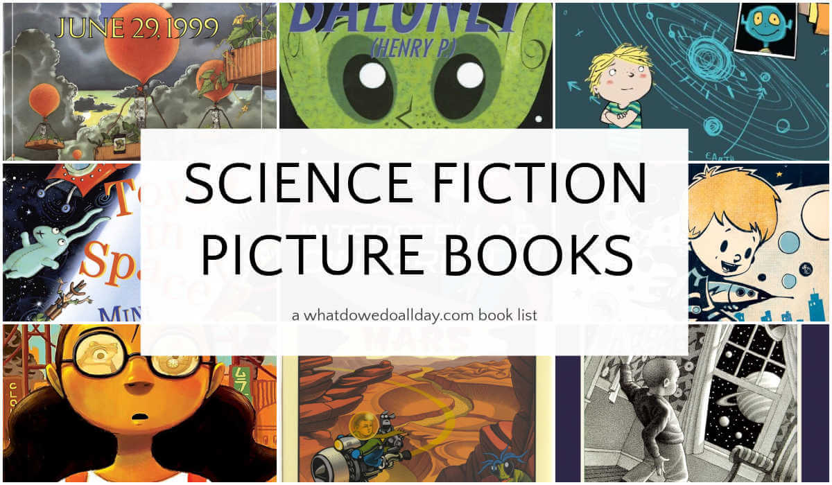 Grid of picture books with text overlay, Science Fiction Picture Books.