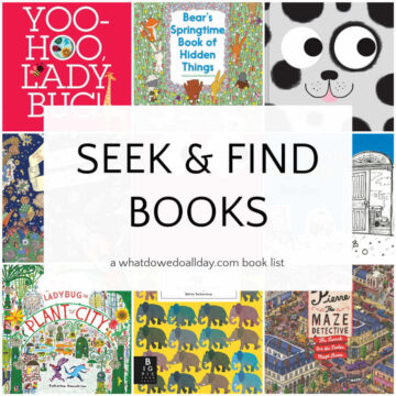 Grid of picture books with text overlay, Seek and Find Books.