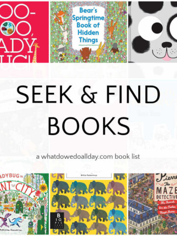 Grid of picture books with text overlay, Seek and Find Books.