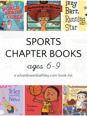 Collage of early chapter book cover swith text overlay, Sports Chapter Books, ages 6-9.