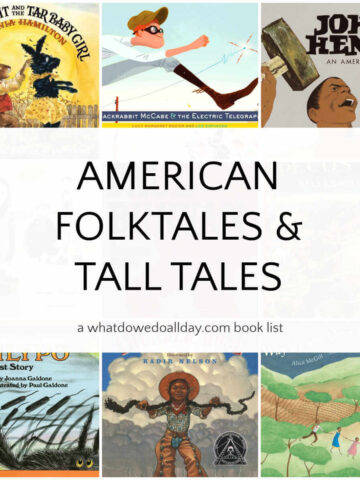 Collage of book covers with text overlay, American Folktales and Tall Tales.
