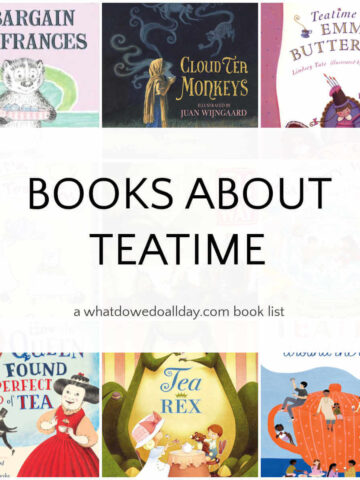Grid of children's books with text overlay, Books about Teatime.