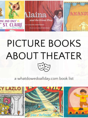 Grid of children's books with text overlay, picture books about theater.