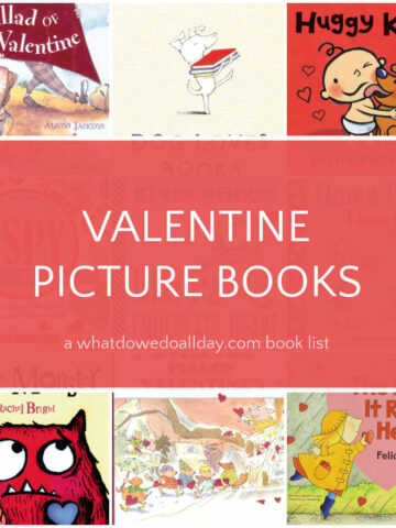 Collage of children's book covers with text overlay, Valentine Picture Books.