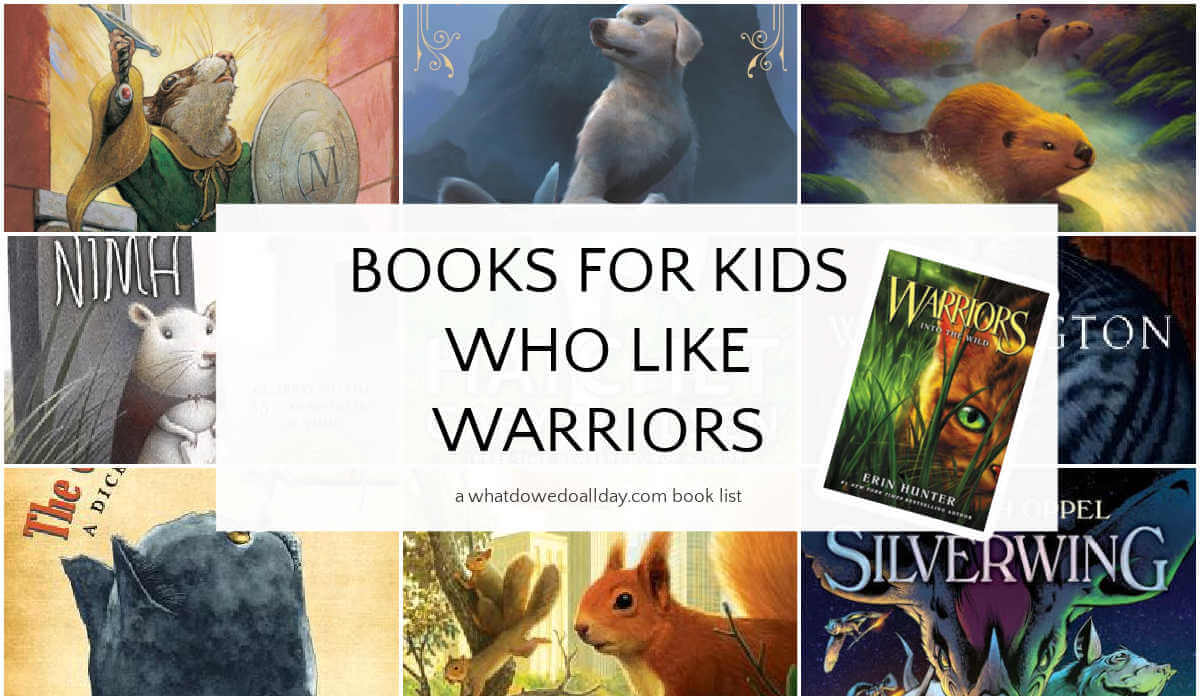 Collage of books with text overlay, Books for Kids Who Like Warriors.
