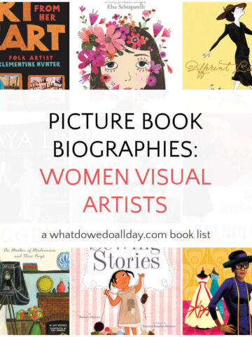 Grid of picture books with text overlay, Picture Book Biographies: Women Visual Artists.