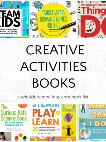 Grid of activity book covers with text overlay, Creative Activities Books.