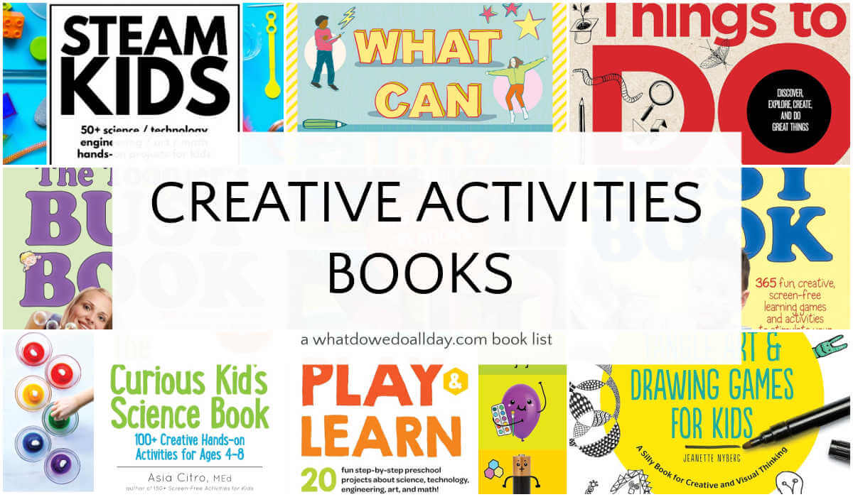 Grid of activity book covers with text overlay, Creative Activities Books.