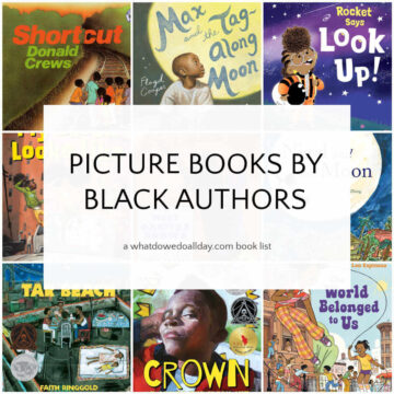 Grid of book covers with text overlay, Picture Books by Black Authors.