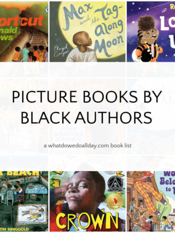 Grid of book covers with text overlay, Picture Books by Black Authors.