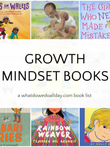 Grid of children's book covers with text overlay, Growth Mindset Books.