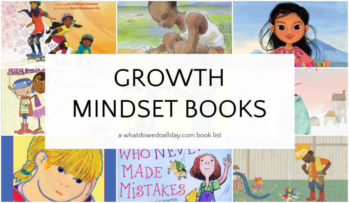 Grid of children's book covers with text overlay, Growth Mindset Books.