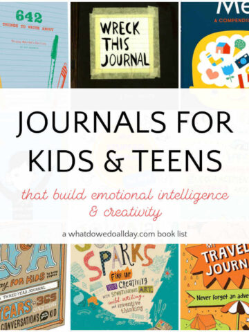 Grid of journal book covers with text overlay, Journals for Kids and Teens.