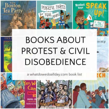 Grid of children's book covers with text overlay, Books about Protest and Civil Disobedience.