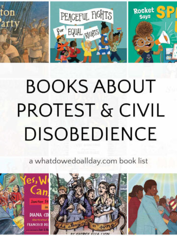 Grid of children's book covers with text overlay, Books about Protest and Civil Disobedience.