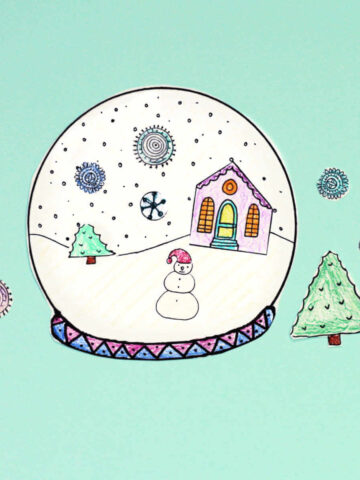 Cut out and decorated snow globe coloring page.