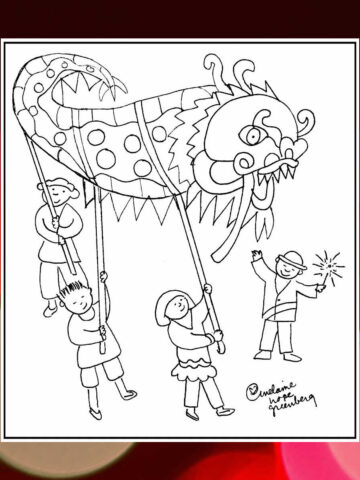 Lunar New Year dragon coloring page on bokeh background.