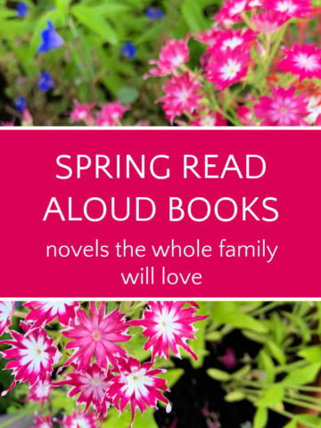 Photo of pink phlox with text overlay, Spring Read Aloud Books, novels the whole family will love.