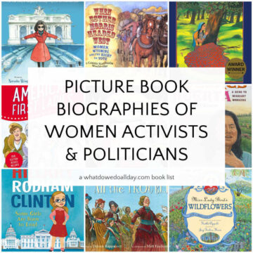 Grid of book covers with text overlay, Picture Book Biographies of Women Activists and Politicians.