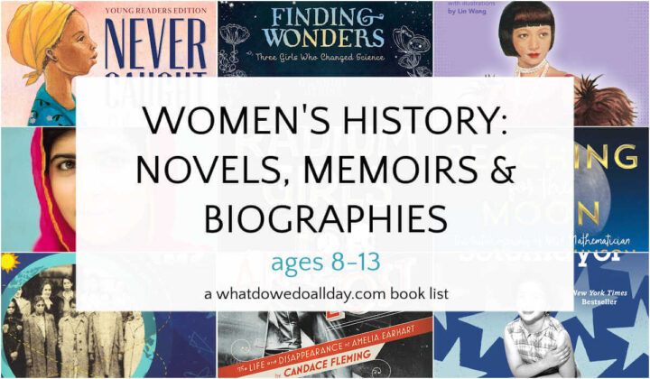 Collage of book covers with text overlay, Women's History: Novels, Memoirs and Biographies.