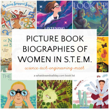 Grid of book covers with text overlay, Picture Book Biographies of WOmen in STEM.