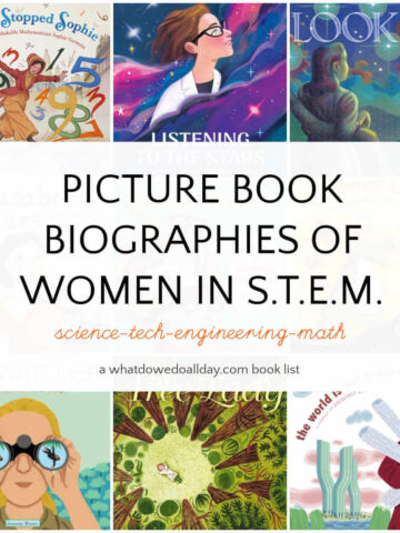 Grid of book covers with text overlay, Picture Book Biographies of WOmen in STEM.