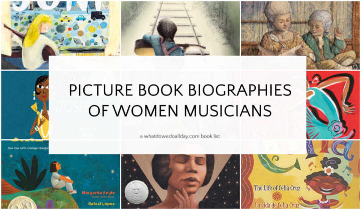 Grid collage of picture book covers with text overlay, Picture Book Biographies of Women Musicians.