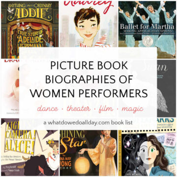 Collage of book covers with text overlay, Picture Book Biographies of Women Performers.