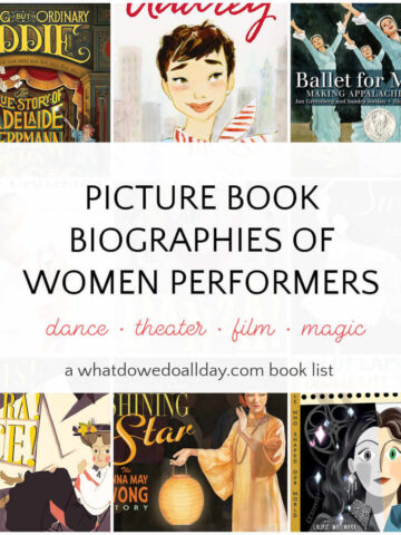 Collage of book covers with text overlay, Picture Book Biographies of Women Performers.