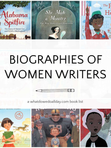 Grid collage of picture book covers with text overlay, Biographies of Women Writers.