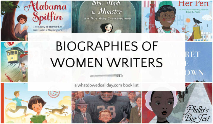 Grid collage of picture book covers with text overlay, Biographies of Women Writers.