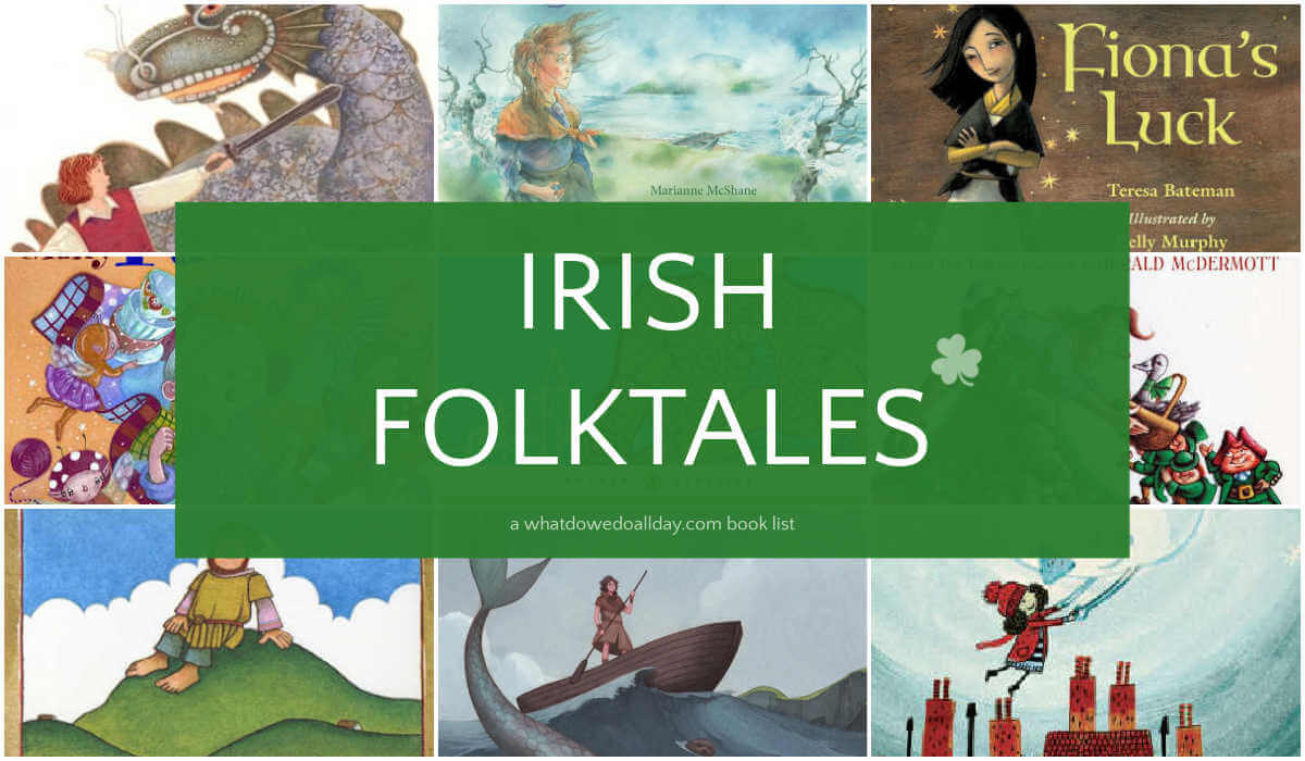 Collage of picture book covers with text overlay, Irish Folktales.
