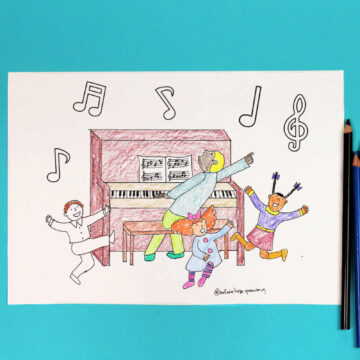 Coloring page of children dancing around the piano, alongside colored pencils.