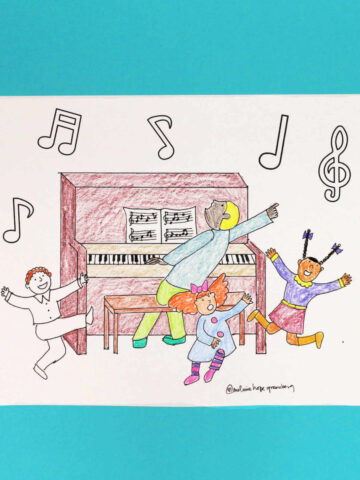 Coloring page of children dancing around the piano, alongside colored pencils.