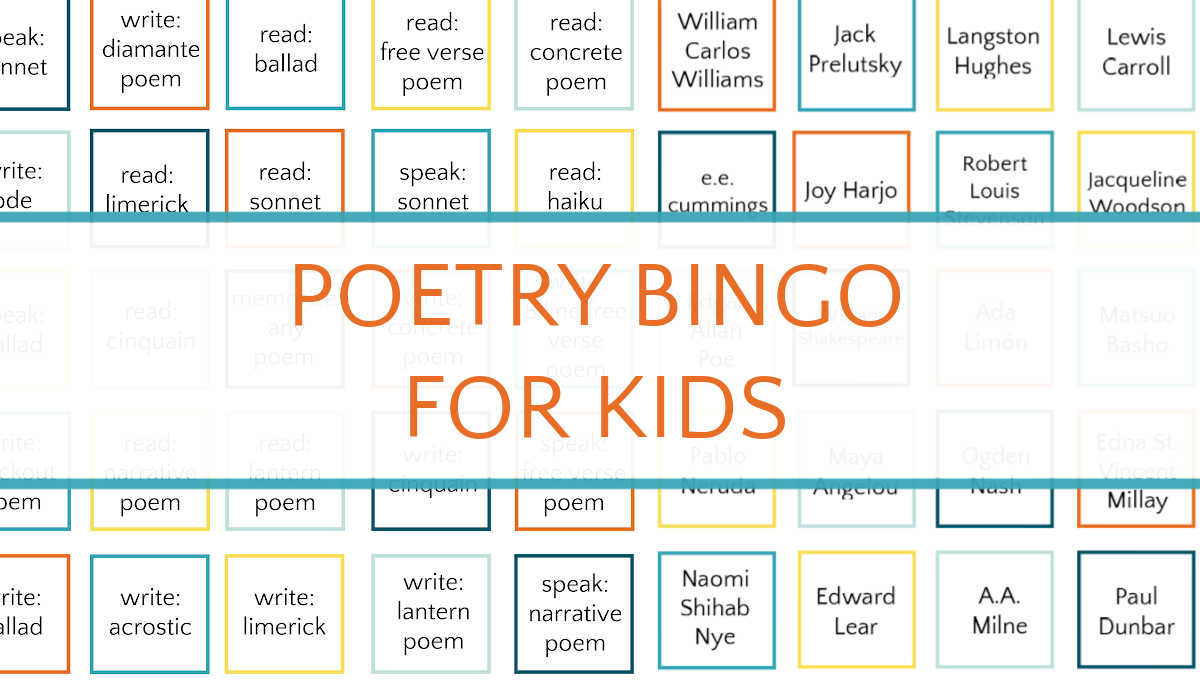 Graphic of bingo squares with text overlay, Poetry Bingo for Kids.