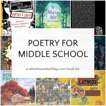 Grid of book covers with text overlay, poetry for middle school.