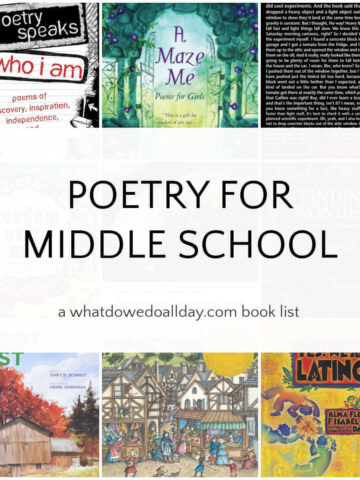 Grid of book covers with text overlay, poetry for middle school.