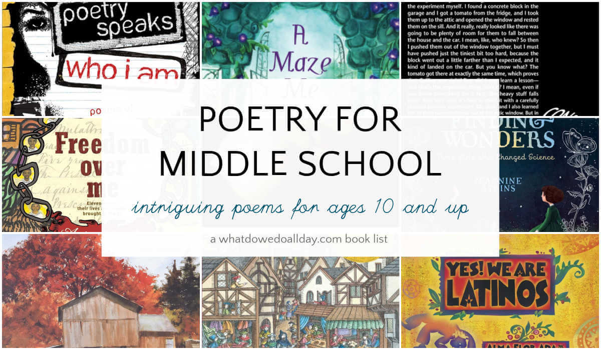 Grid of book covers with text overlay, poetry for middle school, intriguing poems for ages 10 and up.