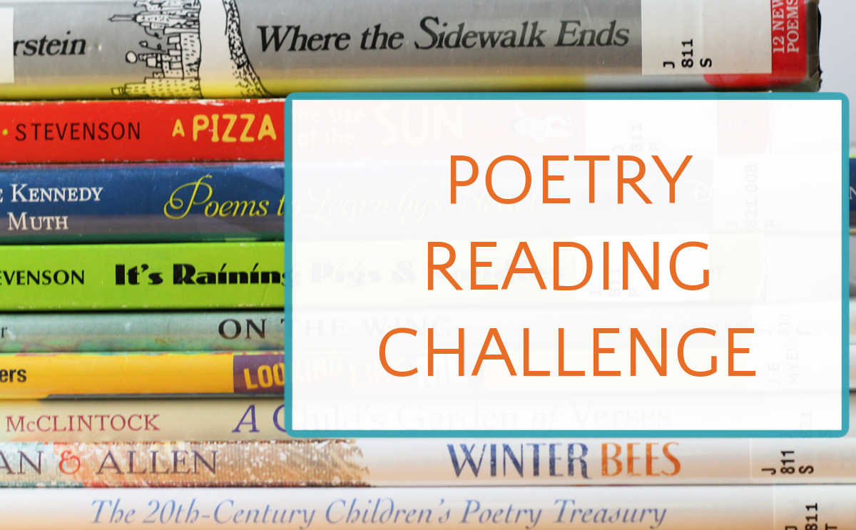 Stack of children's poetry books with text overlay, Poetry Reading Challenge.