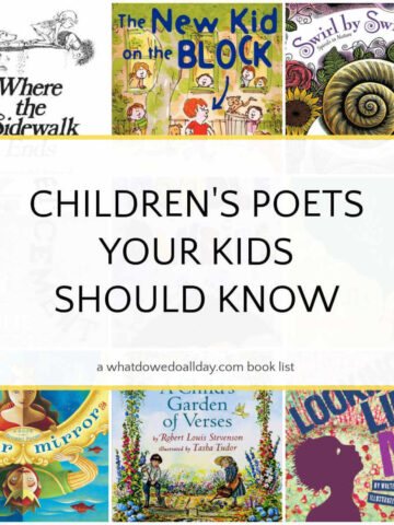 Grid collage of poetry books with text overlay, Children's Poets Your Kids Should Know.